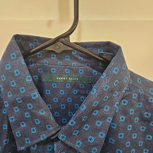 Perry Ellis Button Up Shirt - Navy Blue with Blue Pattern